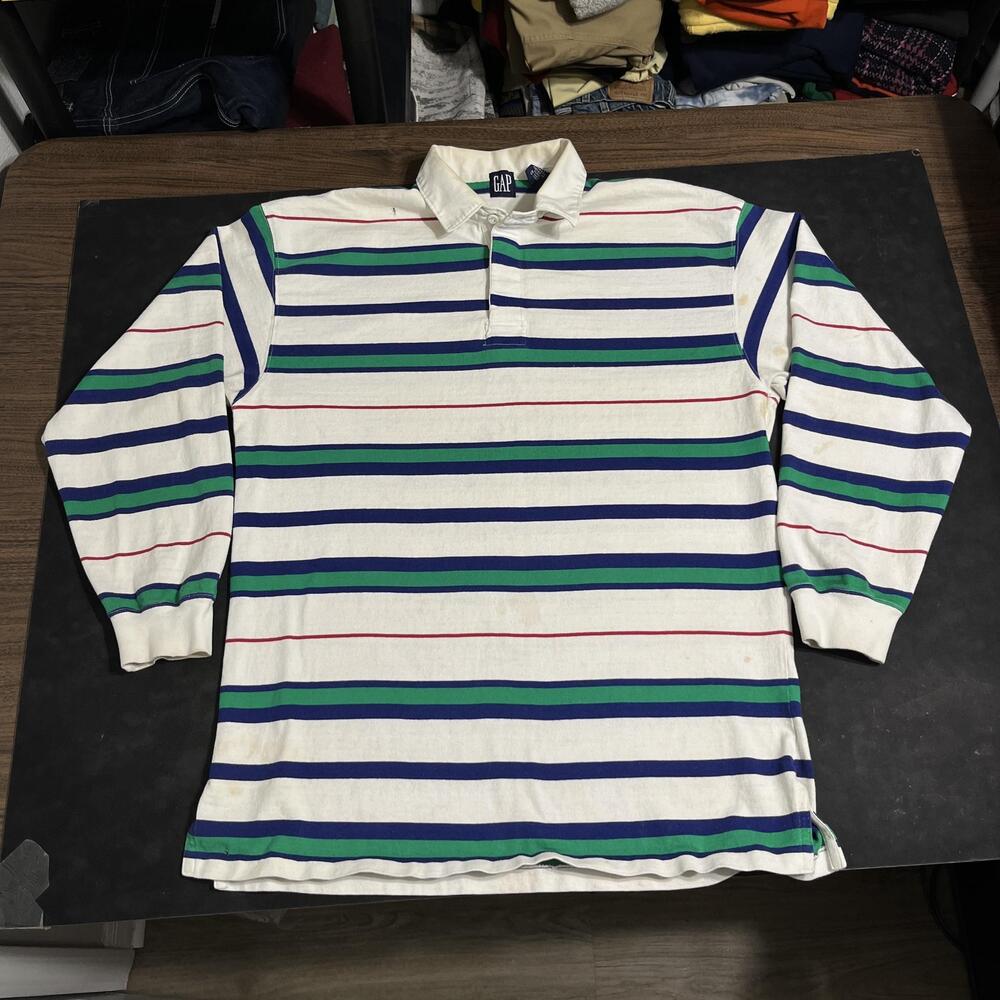 Vintage Gap Rugby Shirt White Stripes Polo Sean Wotherspoon Coach 80s Preppy 90s